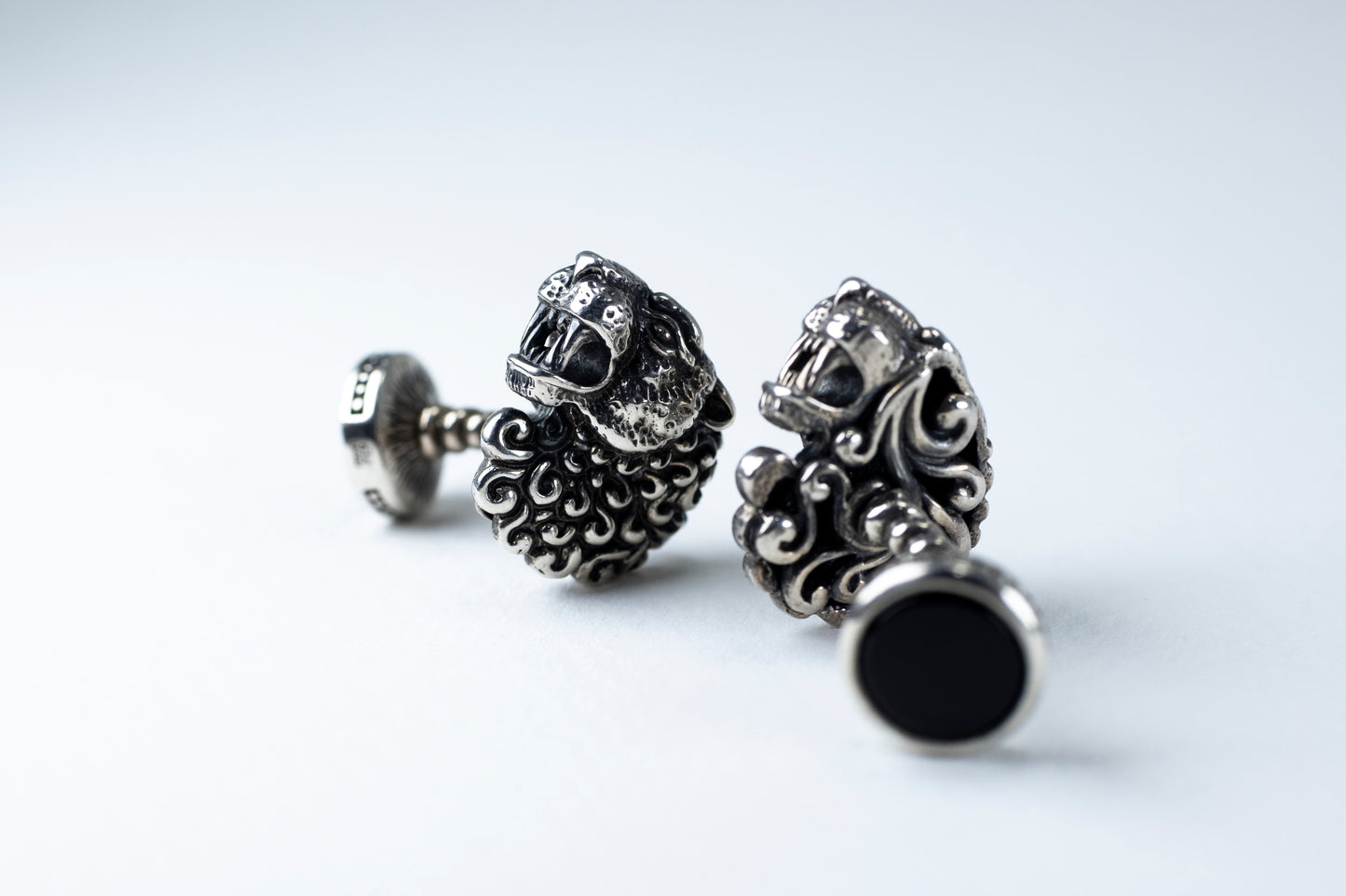 Lion Head Sterling Silver Cufflinks, Onyx Stone Back