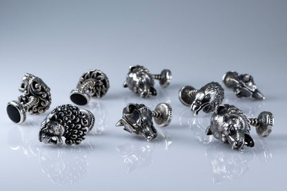 Lion Head Sterling Silver Cufflinks, Onyx Stone Back