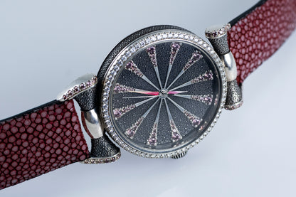 Handmade Sterling Silver Watch, Lilac Cubic Zirconia Dial, Stingray Leather
