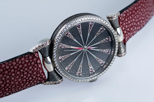 Handmade Sterling Silver Watch, Lilac Cubic Zirconia Dial, Stingray Leather
