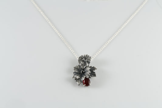 Handmade Silver Leaf Pendant Necklace with Carnelian Stone