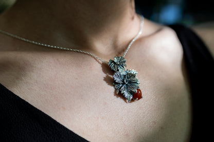 Handmade Silver Leaf Pendant Necklace with Carnelian Stone