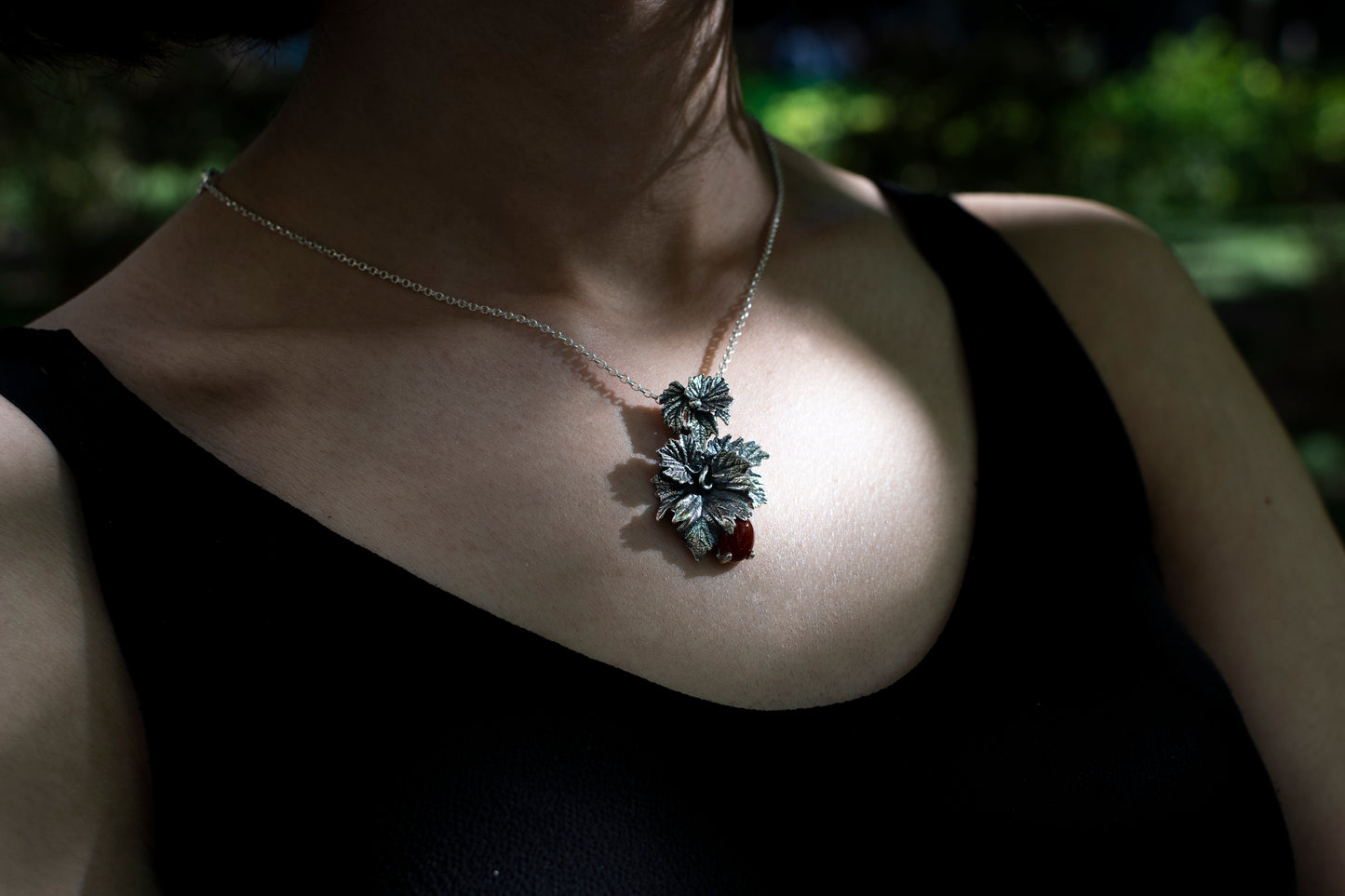 Handmade Silver Leaf Pendant Necklace with Carnelian Stone