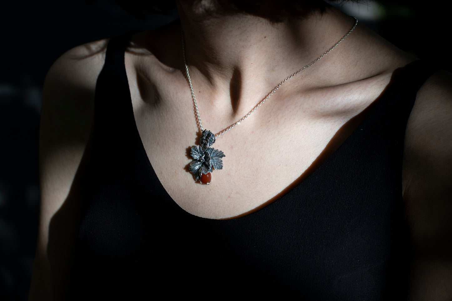 Handmade Silver Leaf Pendant Necklace with Carnelian Stone