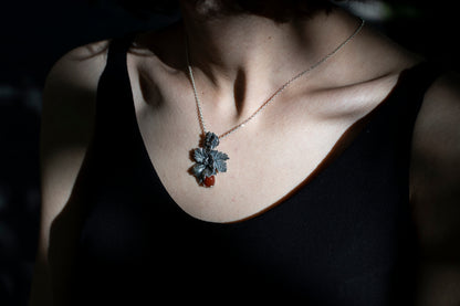 Handmade Silver Leaf Pendant Necklace with Carnelian Stone