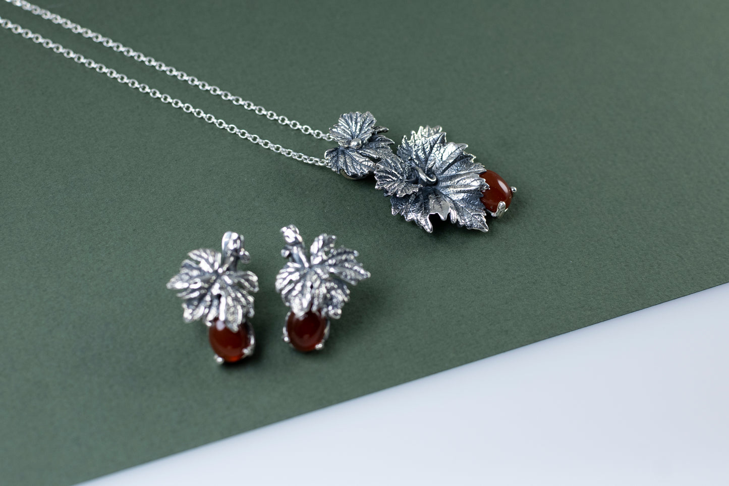 Handmade Silver Leaf Pendant Necklace with Carnelian Stone