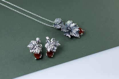 Handmade Silver Leaf Pendant Necklace with Carnelian Stone