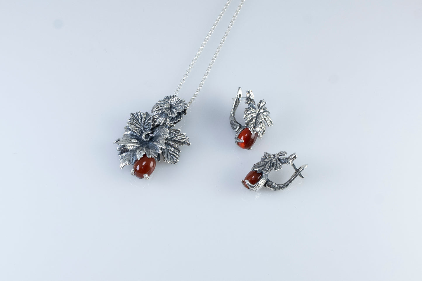 Handmade Silver Leaf Pendant Necklace with Carnelian Stone