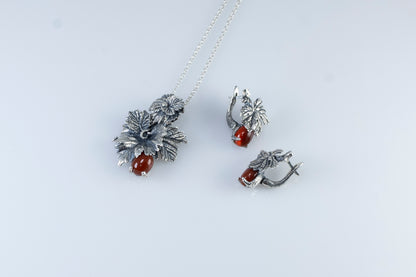 Sterling  Silver Leaf Earrings with Red Carnelian Gemstone