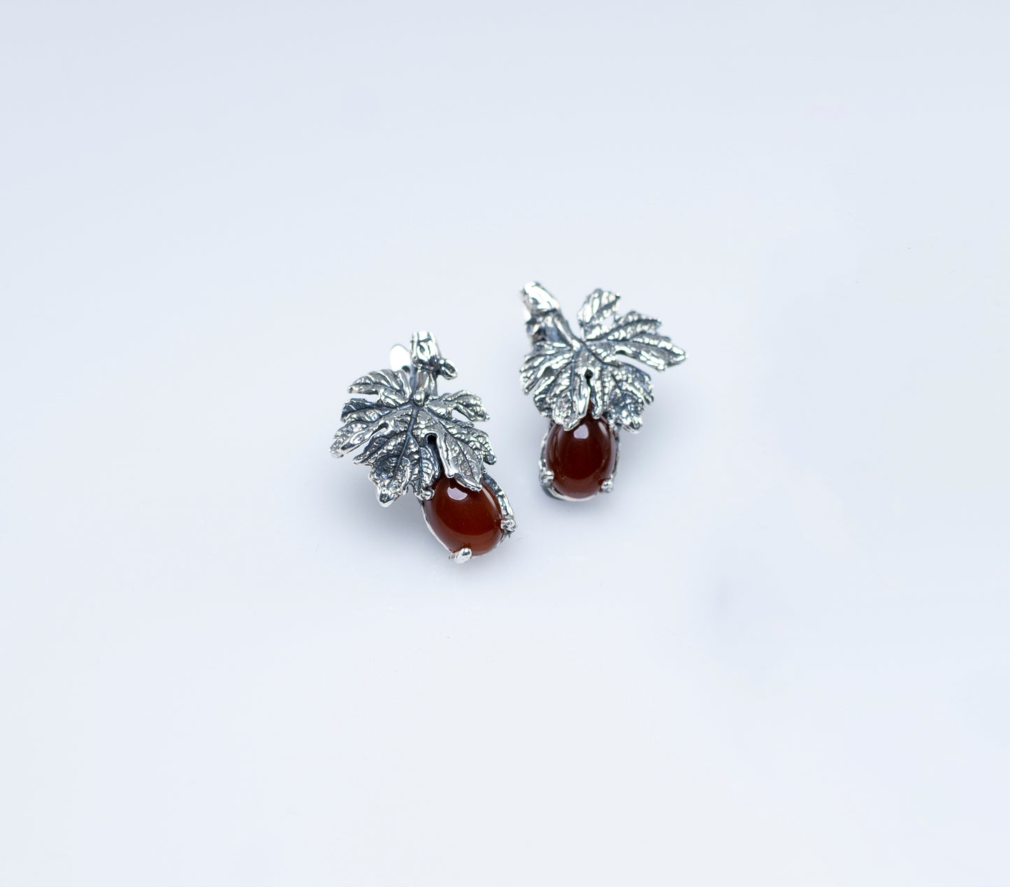 Sterling  Silver Leaf Earrings with Red Carnelian Gemstone