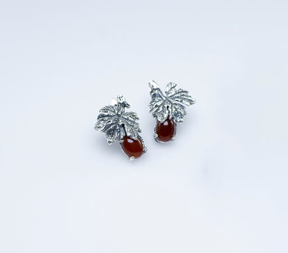 Sterling  Silver Leaf Earrings with Red Carnelian Gemstone