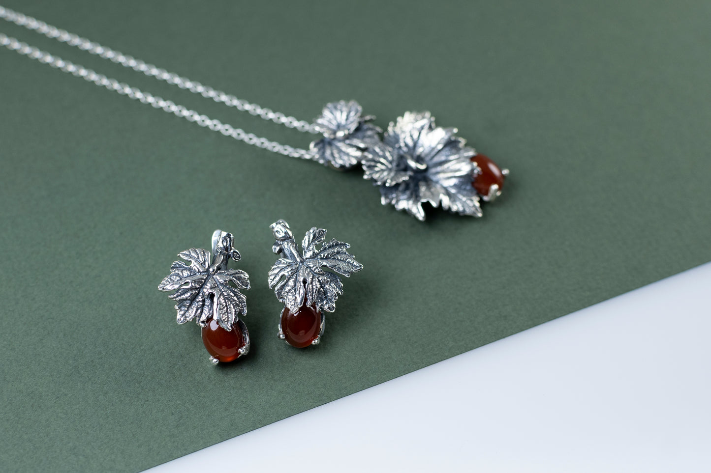 Sterling  Silver Leaf Earrings with Red Carnelian Gemstone