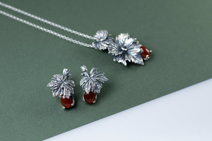 Sterling  Silver Leaf Earrings with Red Carnelian Gemstone
