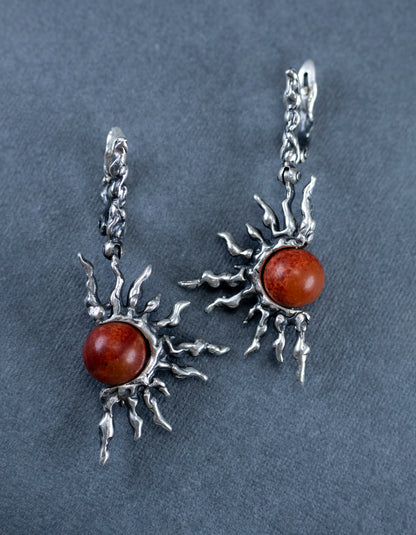 Red Coral Sterling Silver Sun Earrings