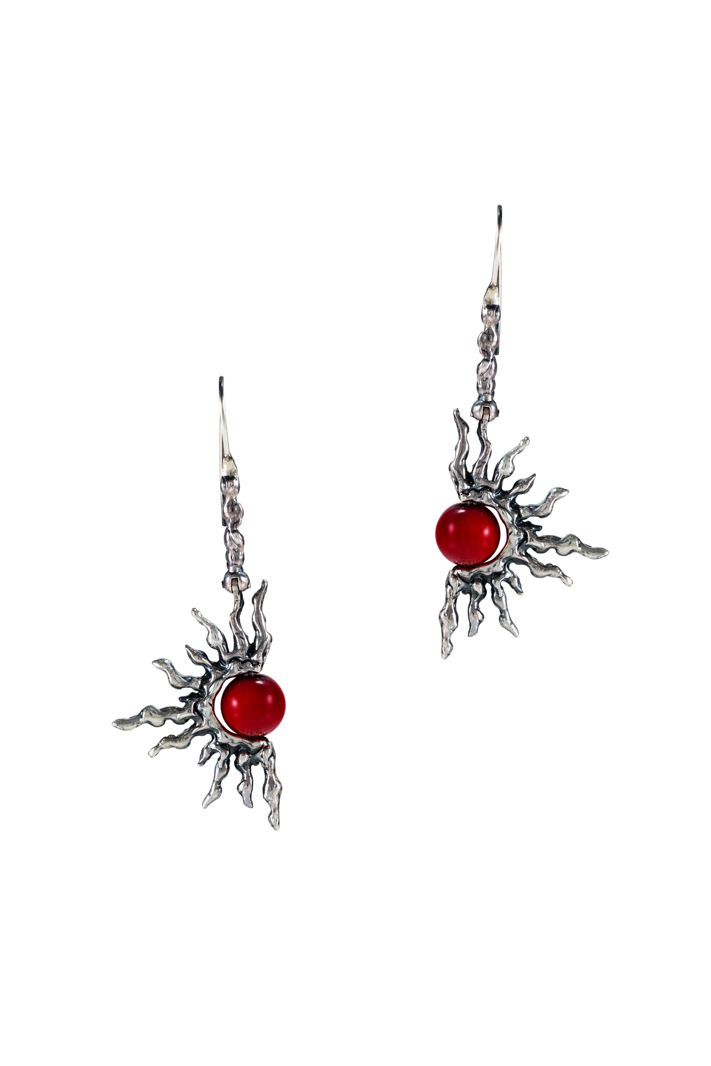 Red Coral Sterling Silver Sun Earrings