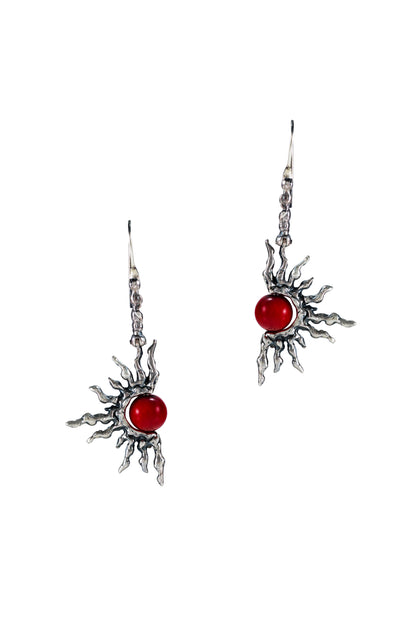 Red Coral Sterling Silver Sun Earrings