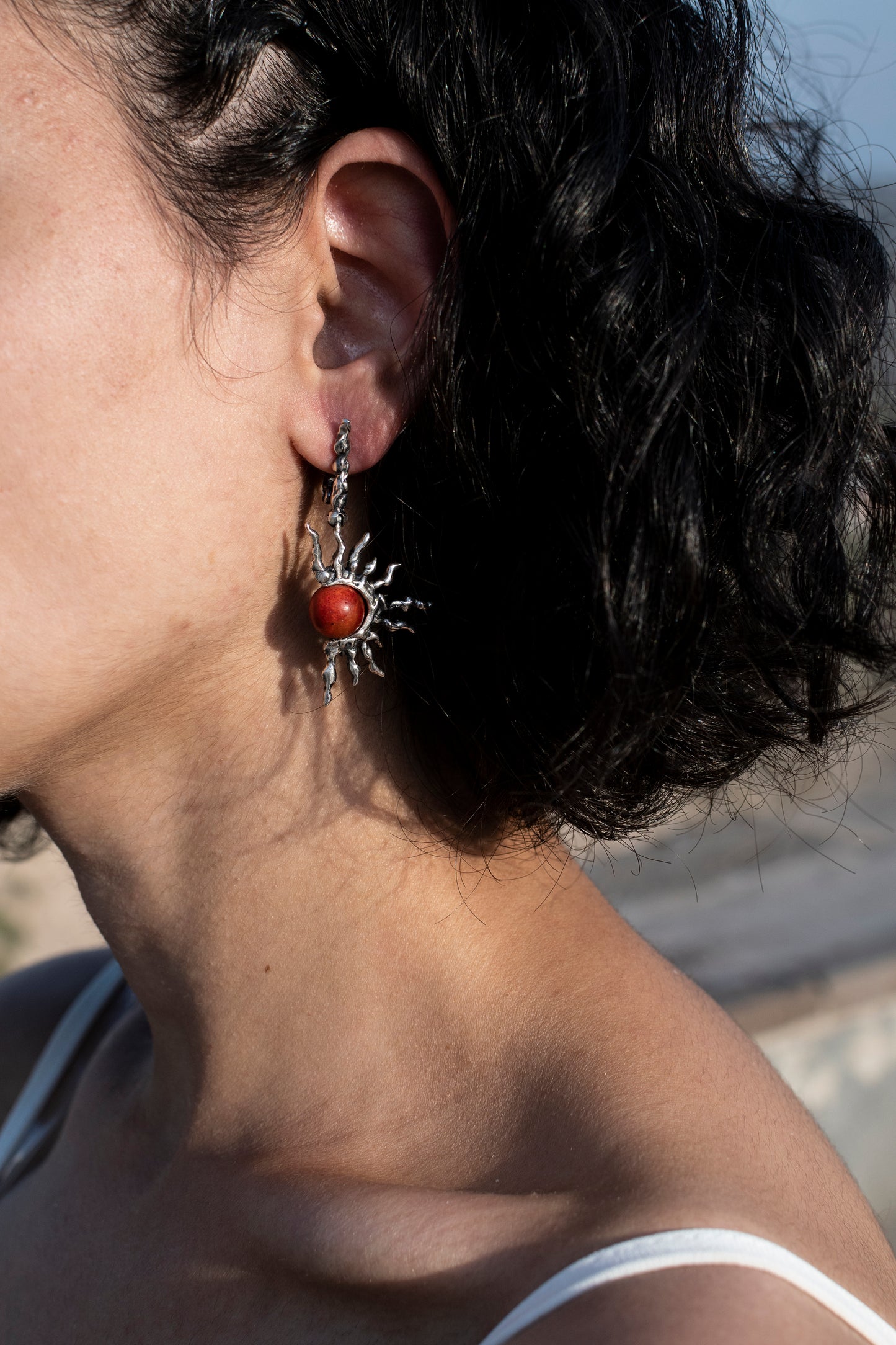 Red Coral Sterling Silver Sun Earrings