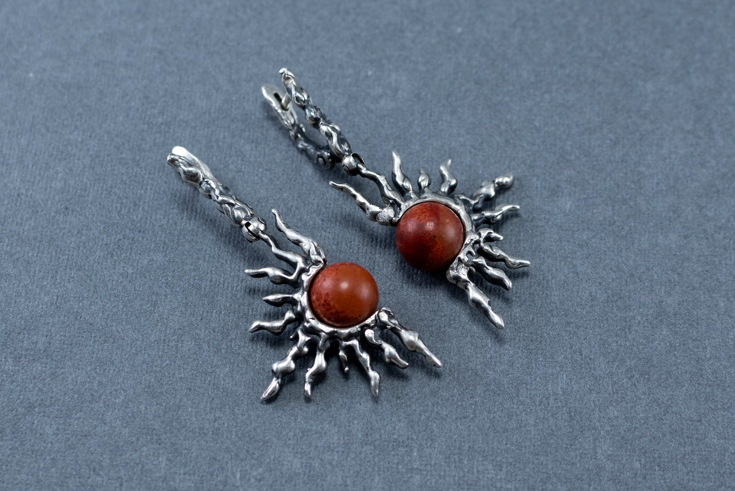 Red Coral Sterling Silver Sun Earrings