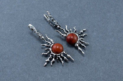 Red Coral Sterling Silver Sun Earrings