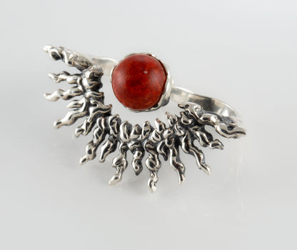 Handmade Silver Sun Ring with Red Stone