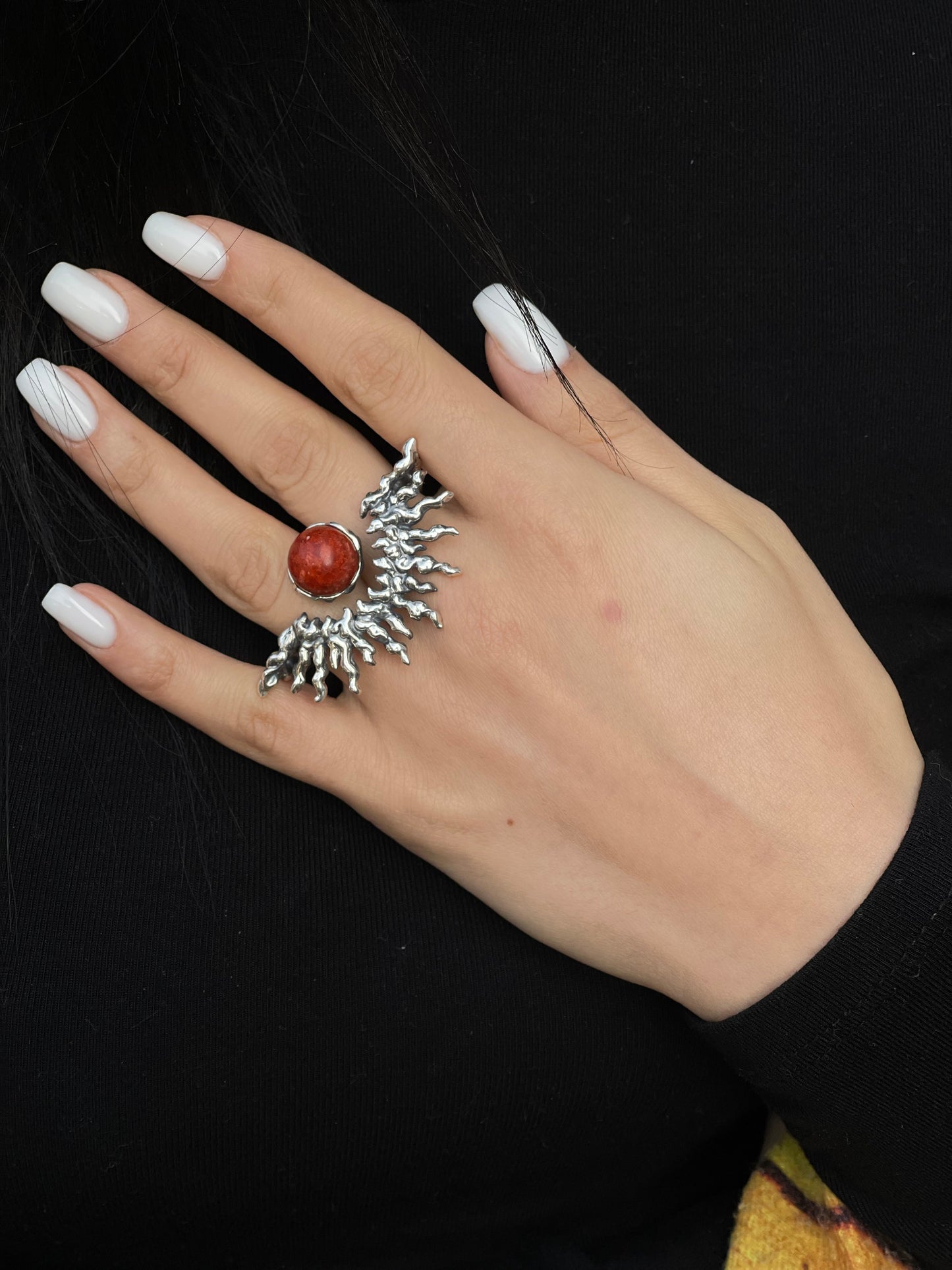 Handmade Silver Sun Ring with Red Stone
