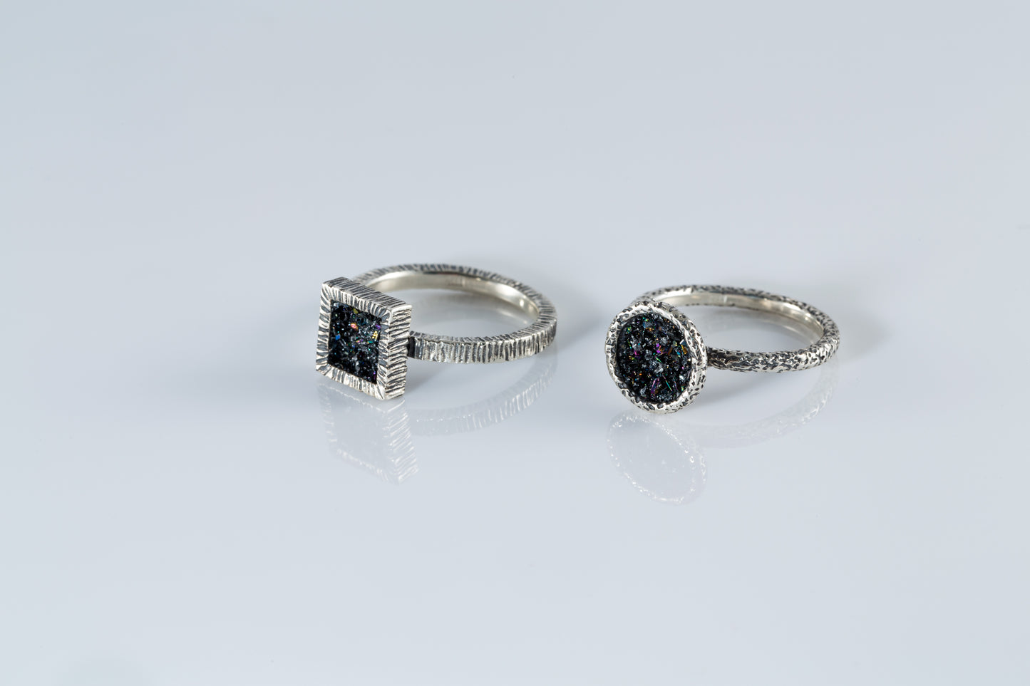Square and Round Textured Silver Rings