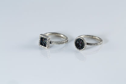 Square and Round Textured Silver Rings