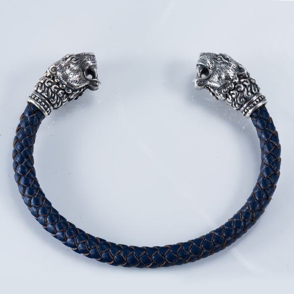 Lion Head Braided Leather Cuff Bracelet