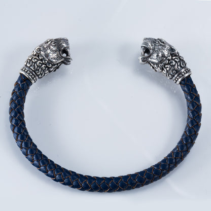 Lion Head Braided Leather Cuff Bracelet