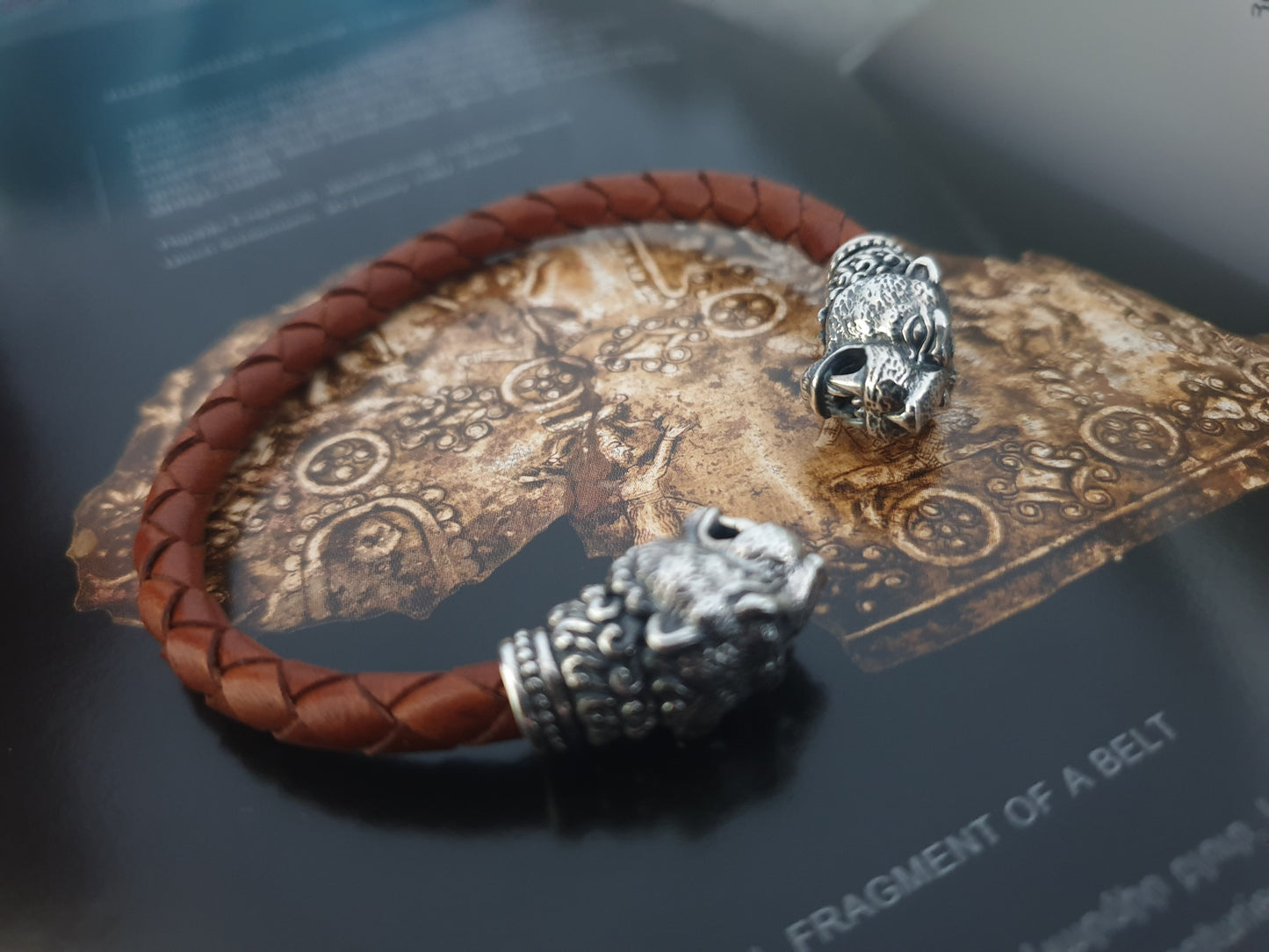 Lion Head Braided Leather Cuff Bracelet