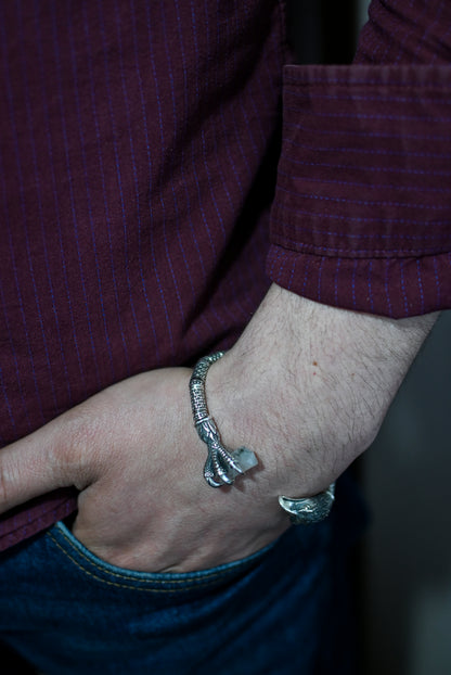Handcrafted Eagle Claw Silver Cuff Bracelet with Crystal