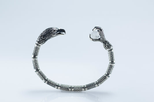 Handcrafted Eagle Claw Silver Cuff Bracelet with Crystal