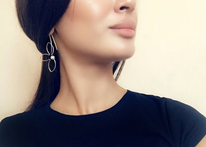 Sterling Silver Flower Earrings: Dainty Pearl Wire Earrings
