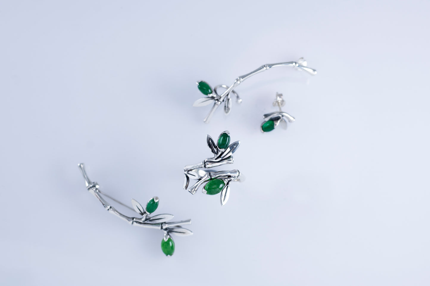 Sterling Silver Bamboo Ear Climber with Green Stone