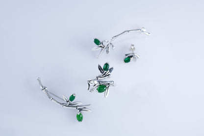 Sterling Silver Bamboo Ear Climber with Green Stone