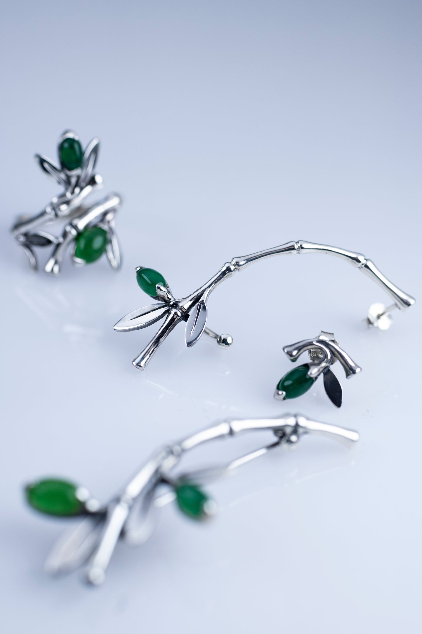 Sterling Silver Bamboo Ear Climber with Green Stone