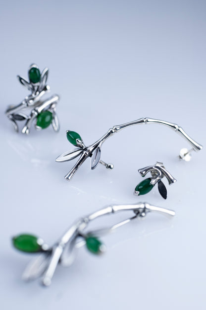 Sterling Silver Bamboo Ear Climber with Green Stone