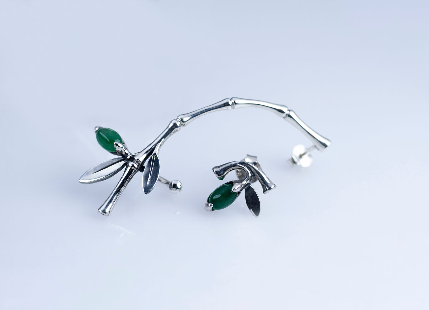 Sterling Silver Bamboo Ear Climber with Green Stone