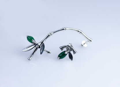 Sterling Silver Bamboo Ear Climber with Green Stone