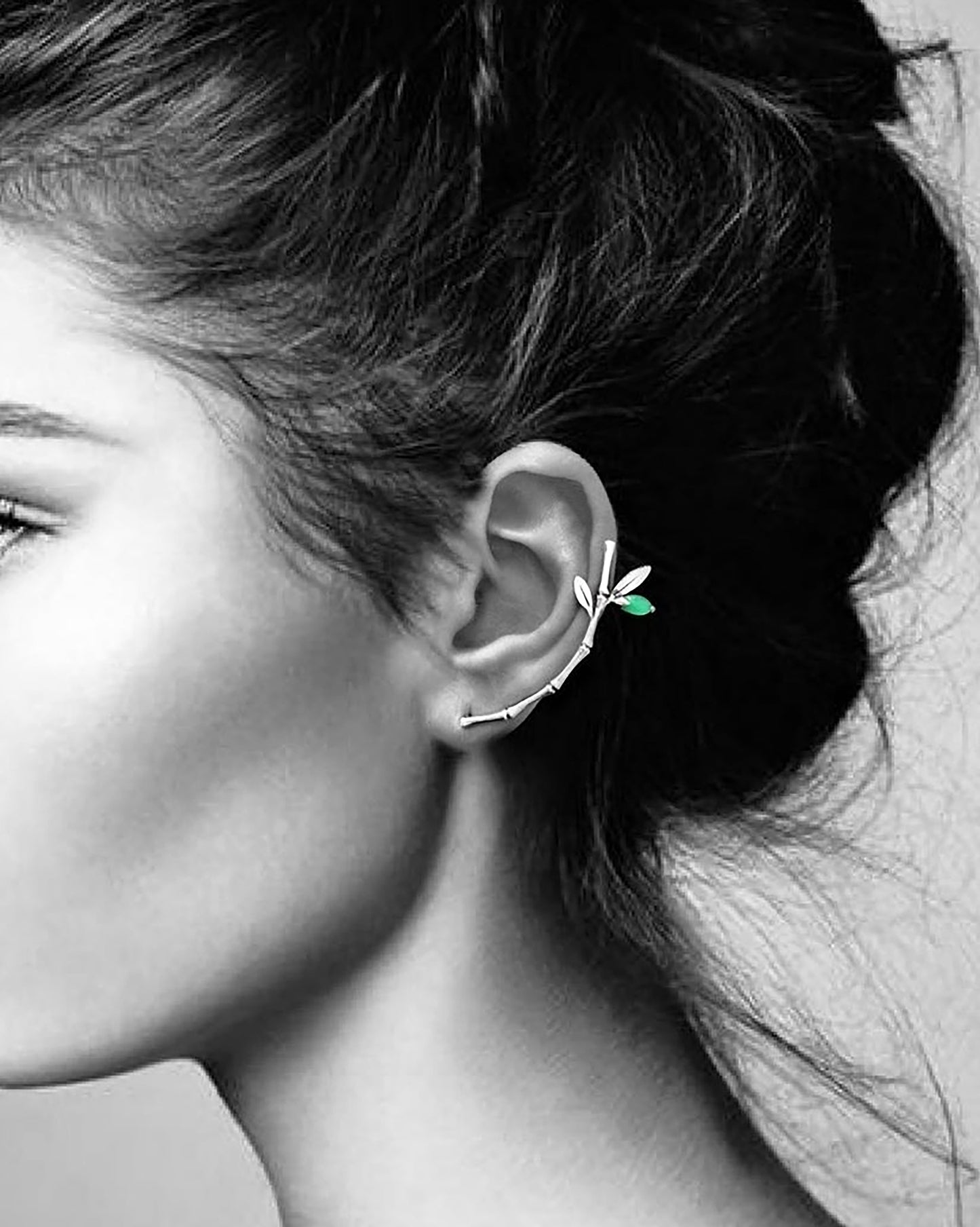 Sterling Silver Bamboo Ear Climber with Green Stone