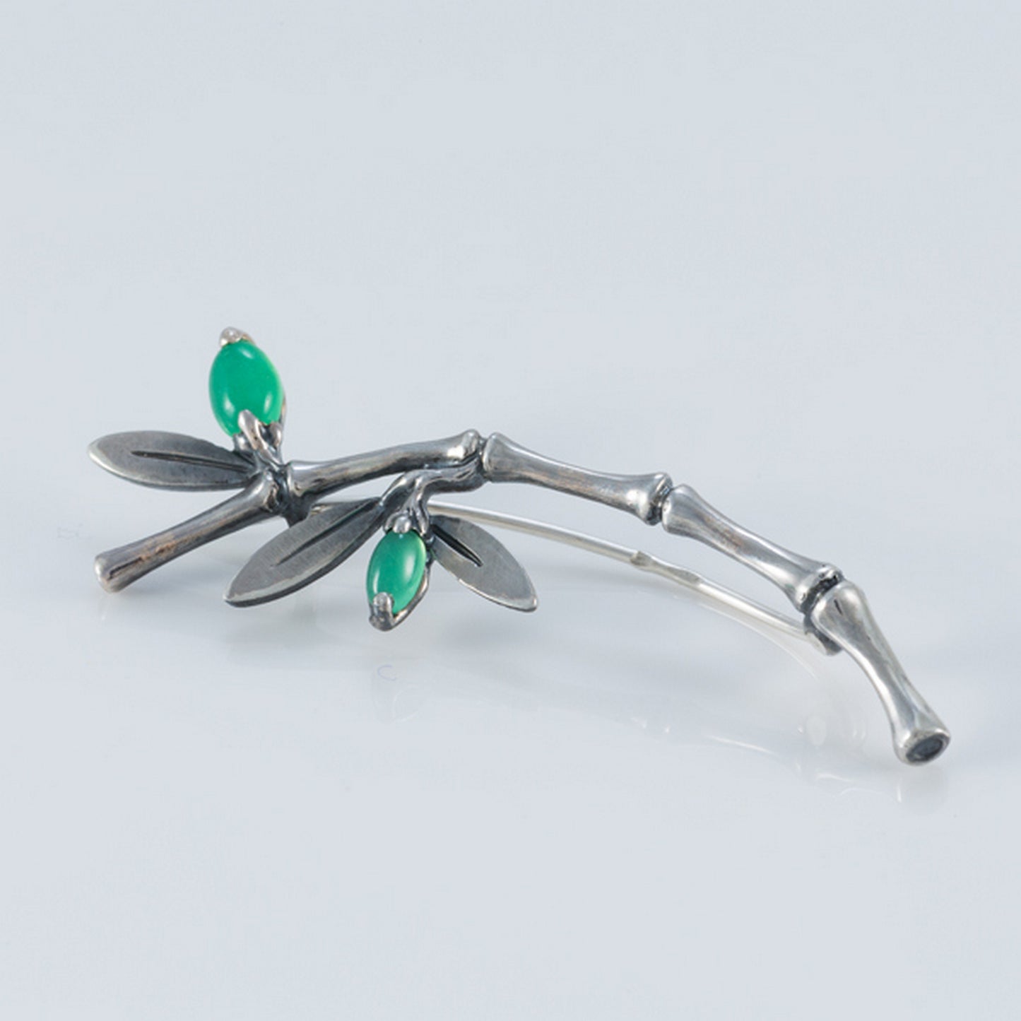 Sterling Silver Bamboo Brooch with Green Gemstone