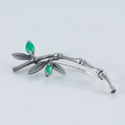 Sterling Silver Bamboo Brooch with Green Gemstone