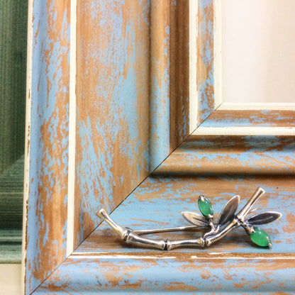 Sterling Silver Bamboo Brooch with Green Gemstone