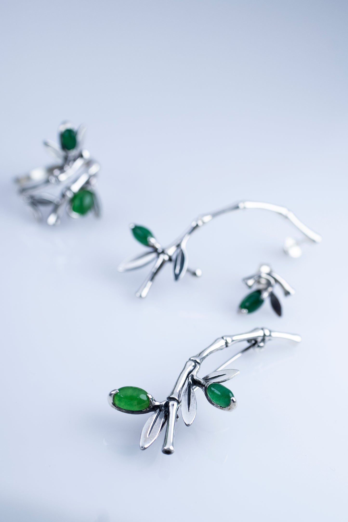 Sterling Silver Bamboo Brooch with Green Gemstone