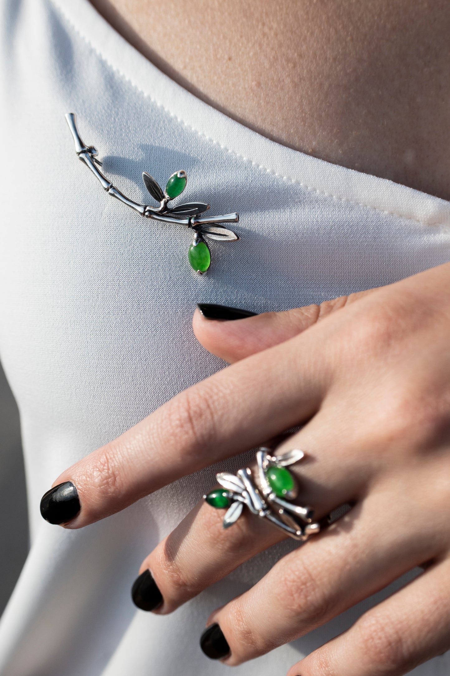 Sterling Silver Bamboo Brooch with Green Gemstone