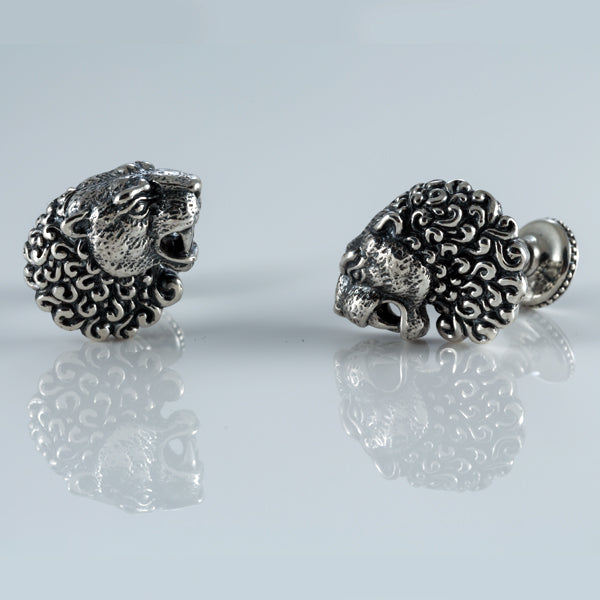 Lion Head Sterling Silver Cufflinks, Onyx Stone Back
