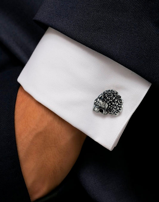 Lion Head Sterling Silver Cufflinks, Onyx Stone Back