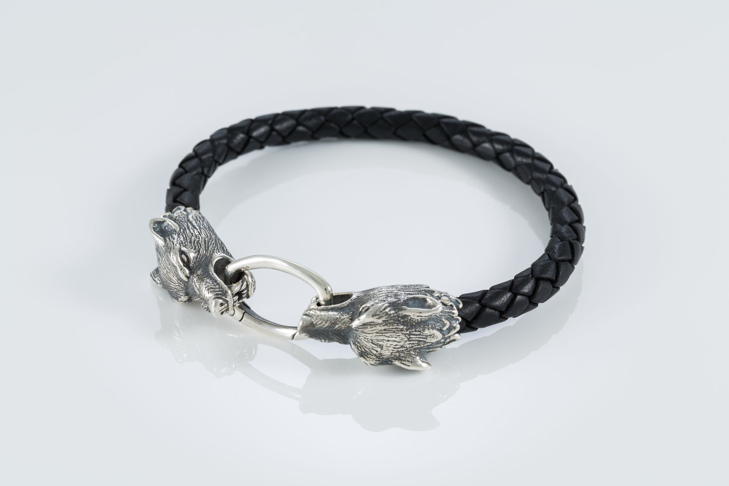 Sterling Silver Wolf Head Leather Bracelet