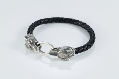 Sterling Silver Wolf Head Leather Bracelet