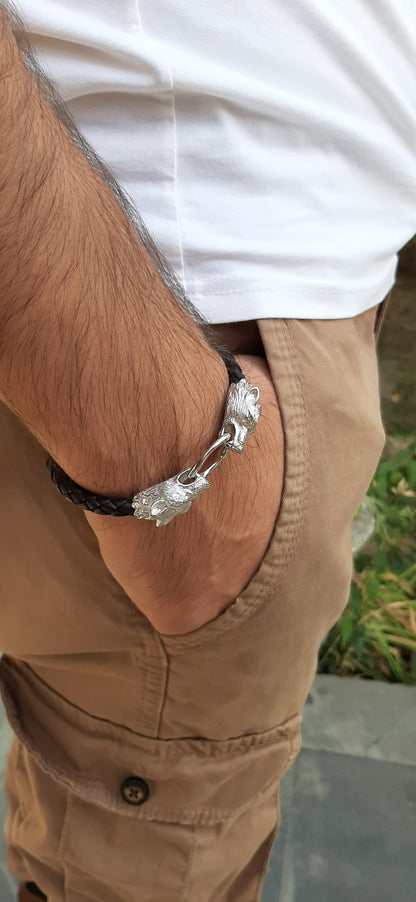 Sterling Silver Wolf Head Leather Bracelet